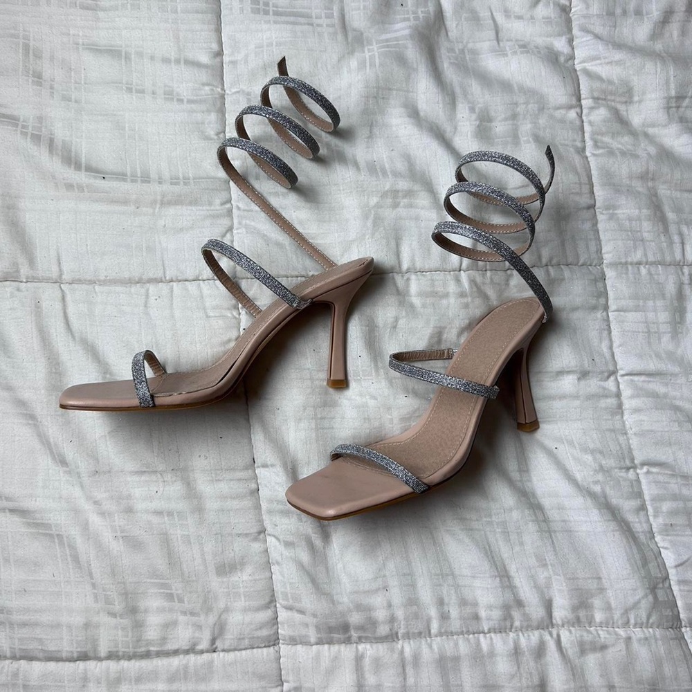 Silver sparkly wrap around ankle short heels